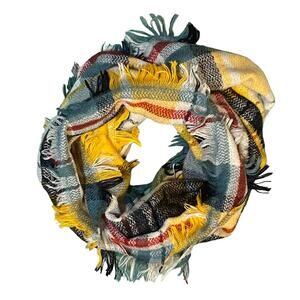 Funky Monkey 12" x 29" Infinity Scarf Yellow Gray Plaid Fringe